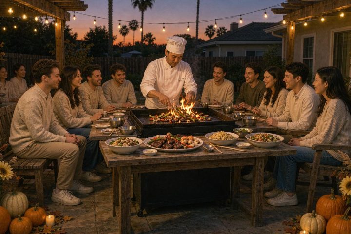 Fall evening backyard hibachi party in Orange County with autumn decor, string lights and a teppanyaki chef