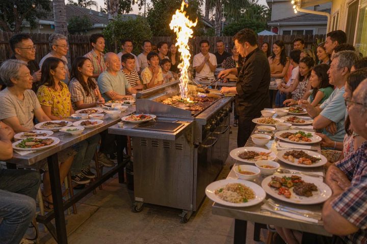 Large group of guests at a backyard hibachi party in Orange County gathered around a teppanyaki grill
