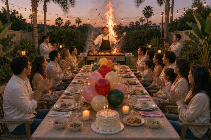Backyard hibachi birthday party at dusk with chef show, balloons and cake table