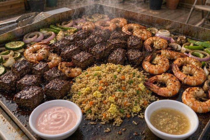 Hibachi menu spread with steak, shrimp, fried rice and vegetables on a teppanyaki grill