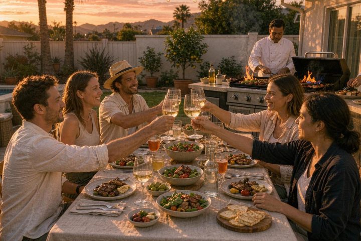 Private hibachi chef grilling in an Orange County backyard compared to restaurant dining